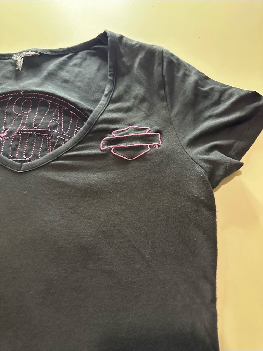 Harley-Davidson Black V-Neck Tee with Pink Accents and opening in the back. - Picture 10 of 11